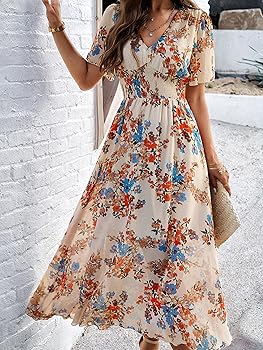 LYUSRE Womens Fall Maxi Dress Floral Print Chiffon Short